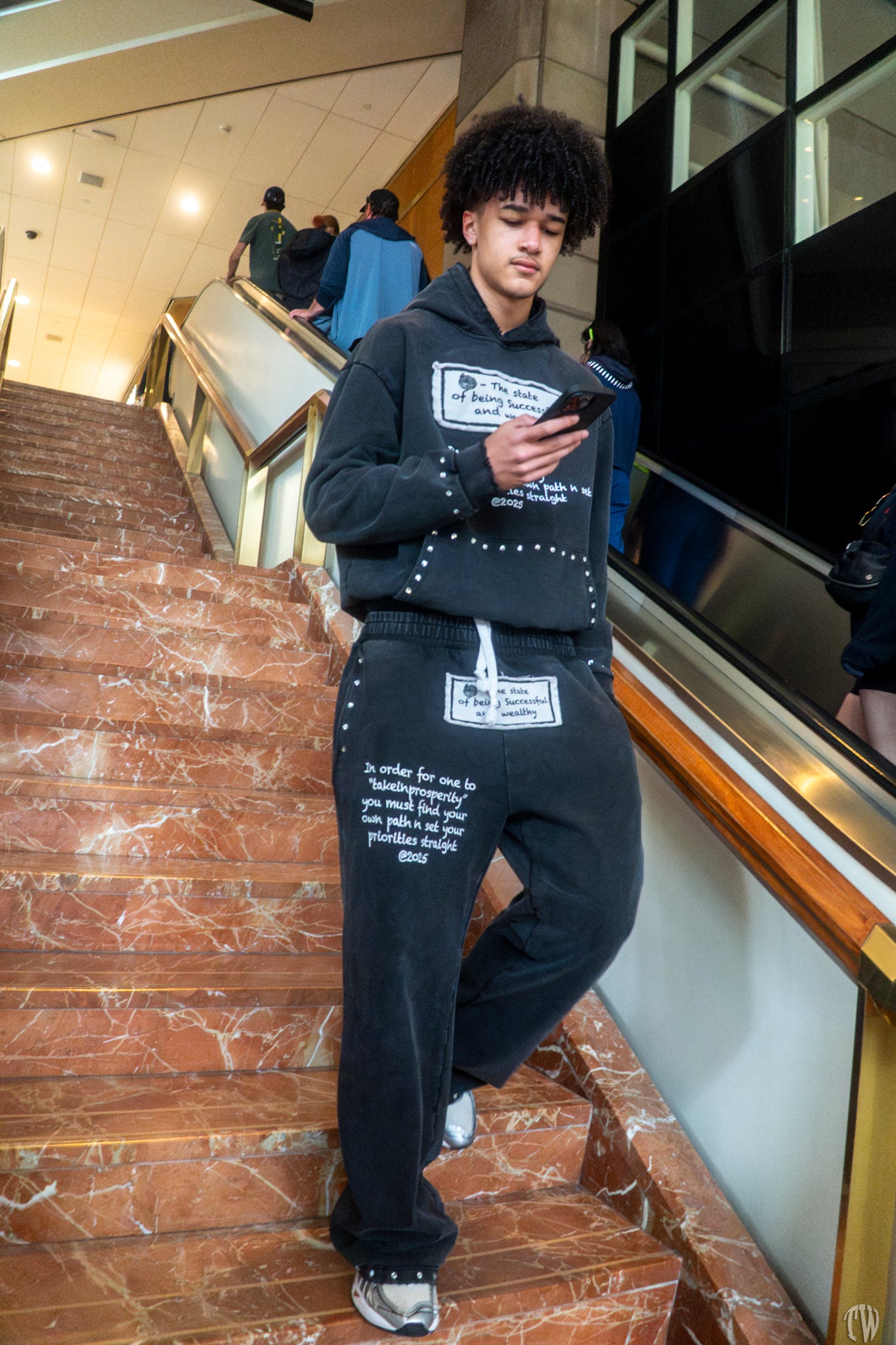 ''takeinprosperity'' BLACK ACID WASH, RHINESTONE HOODIE