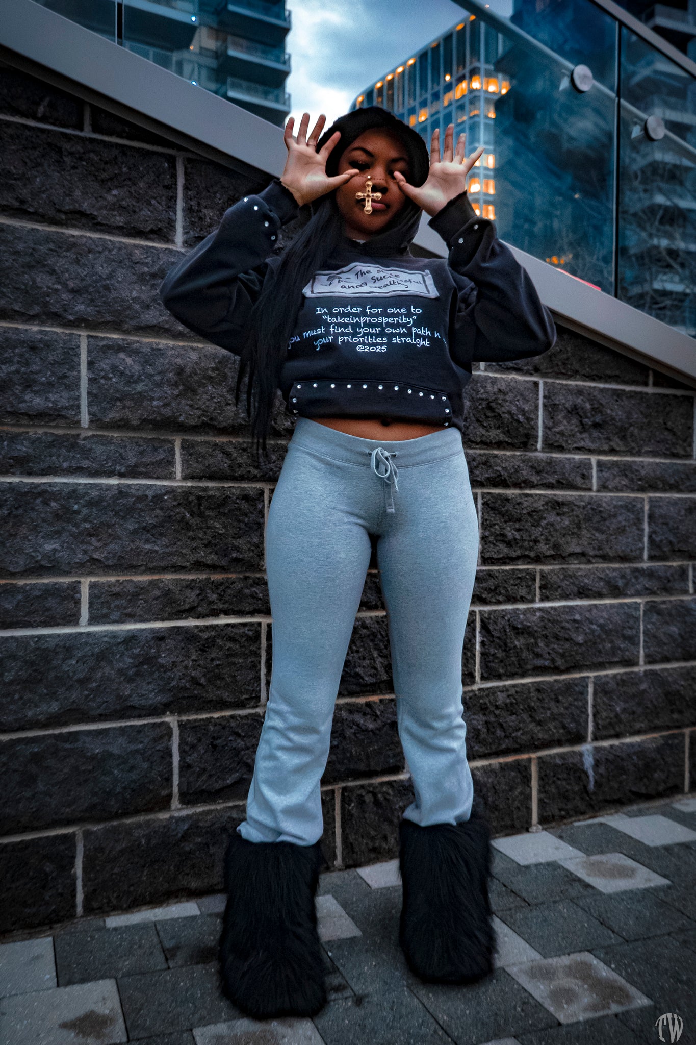 ''takeinprosperity'' BLACK ACID WASH, RHINESTONE HOODIE