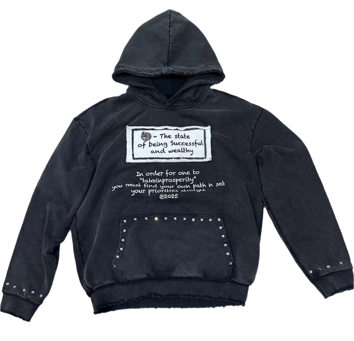 ''takeinprosperity'' BLACK ACID WASH, RHINESTONE HOODIE