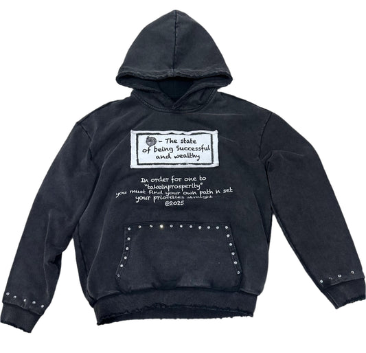 ''takeinprosperity'' BLACK ACID WASH, RHINESTONE HOODIE
