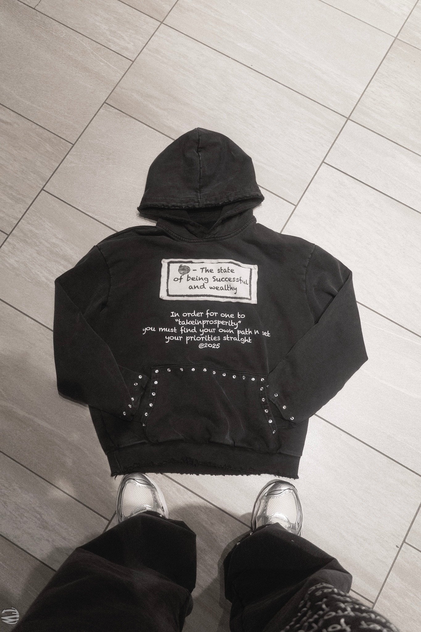 ''takeinprosperity'' BLACK ACID WASH, RHINESTONE HOODIE
