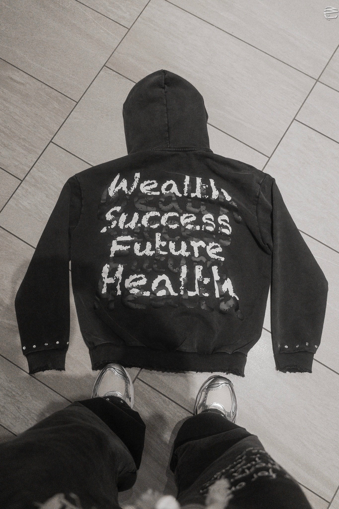 ''takeinprosperity'' BLACK ACID WASH, RHINESTONE HOODIE