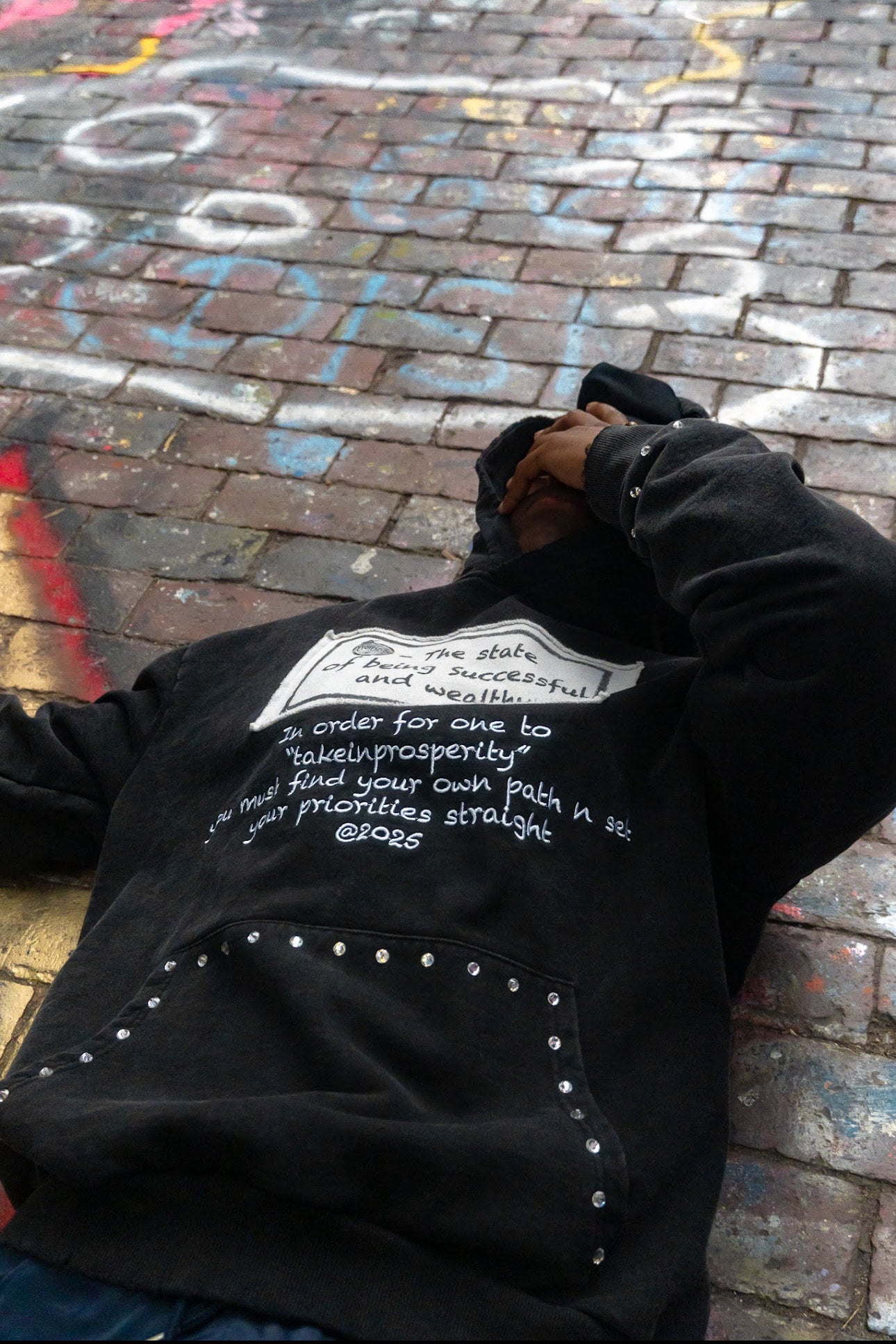 ''takeinprosperity'' BLACK ACID WASH, RHINESTONE HOODIE