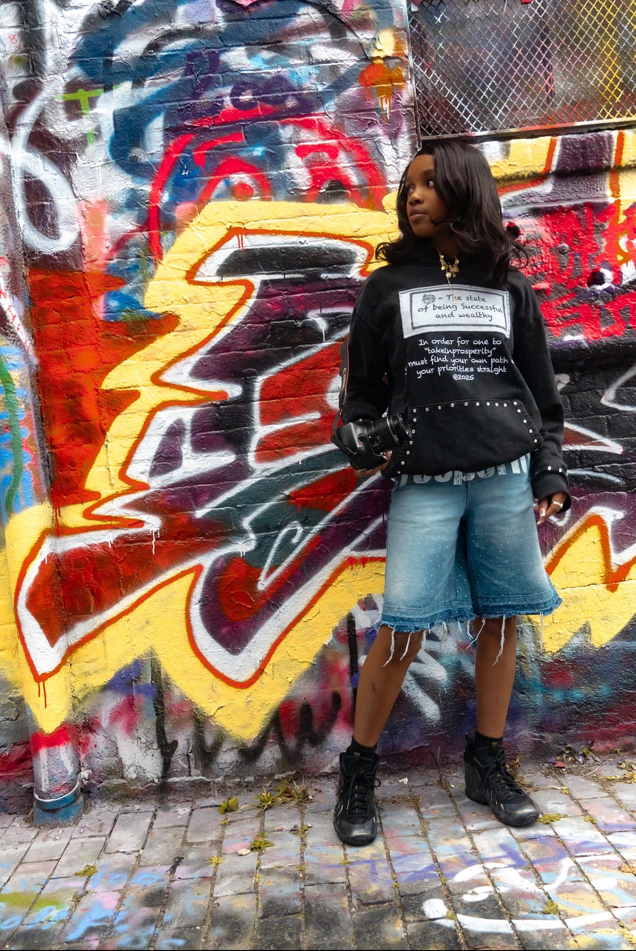 ''takeinprosperity'' BLACK ACID WASH, RHINESTONE HOODIE